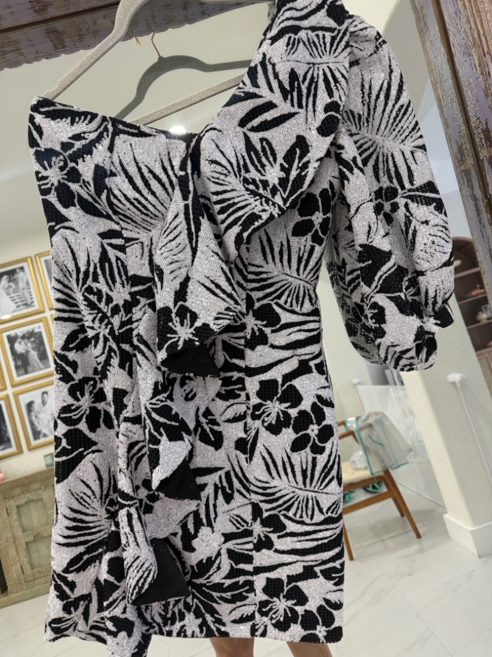 Asymmetric One-Shoulder Black & White Floral Ruffle Sequin Dress